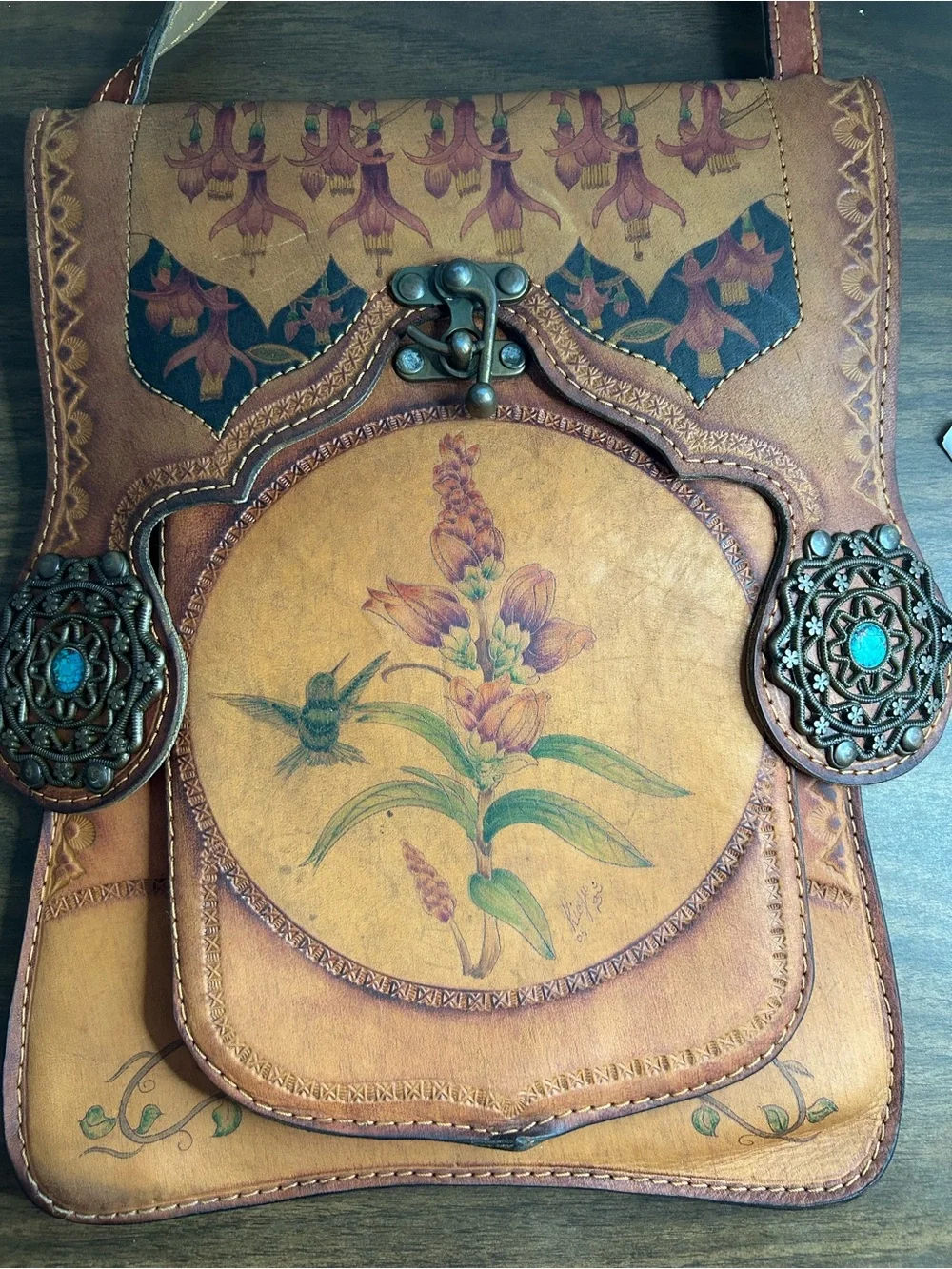 Juan Antonio Argentina Vintage Hummingbird Hand-Painted Tooled Leather Bag